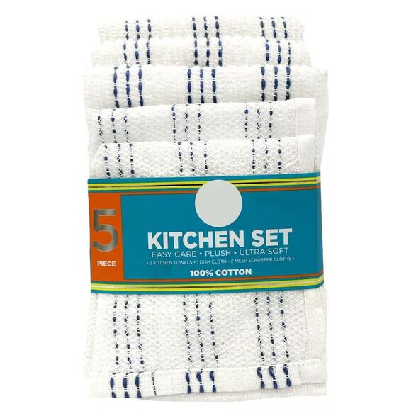Sultan's Linens 5 PC Kitchen Towel, Dishcloth & Scrubber Set in White & Blue - Picture 3 of 5